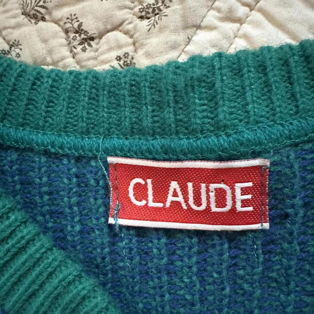 Whimsical Vintage 80s Claude floral Aztec chunky ribbed green sweater size L - Picture 4 of 5